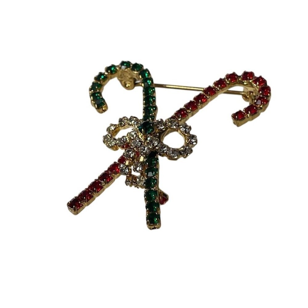 Christmas Candy Cane Rhinestone Brooch Pin With Gold-Tone Finish - Picture 4 of 5